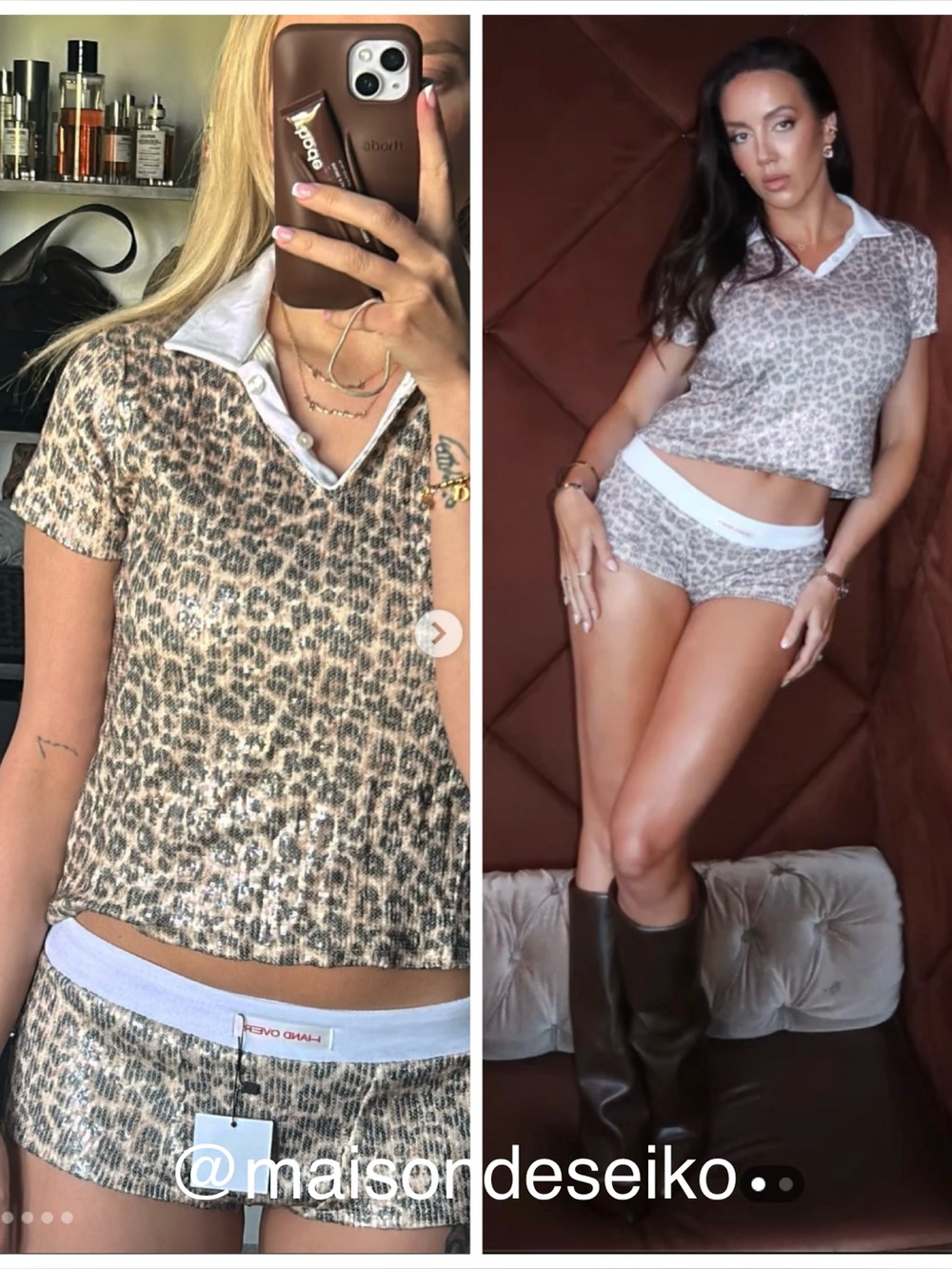 SET Hand Over Leopard Cheetah Print Sequin Nando Polo and Shorts size S & M 2pc